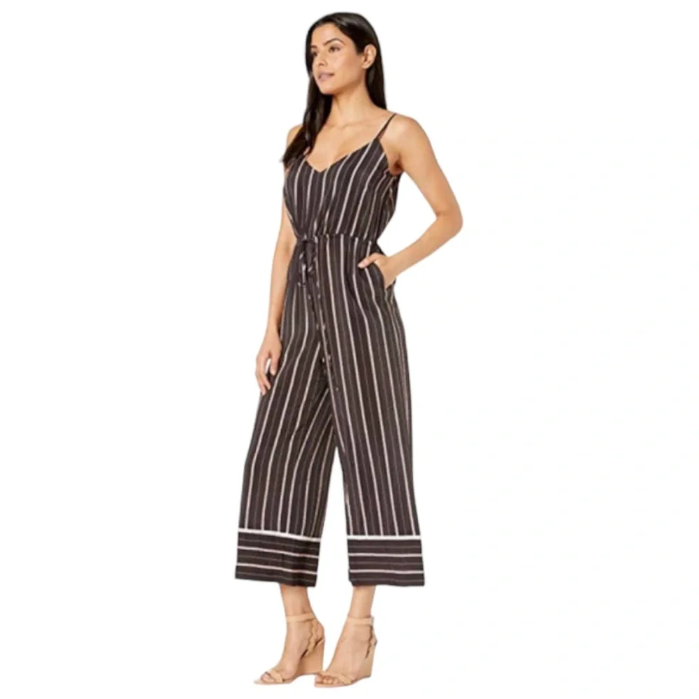 Vince Camuto Women's spaghetti strap black wide leg striped jumpsuit, Sz M - Picture 3 of 17